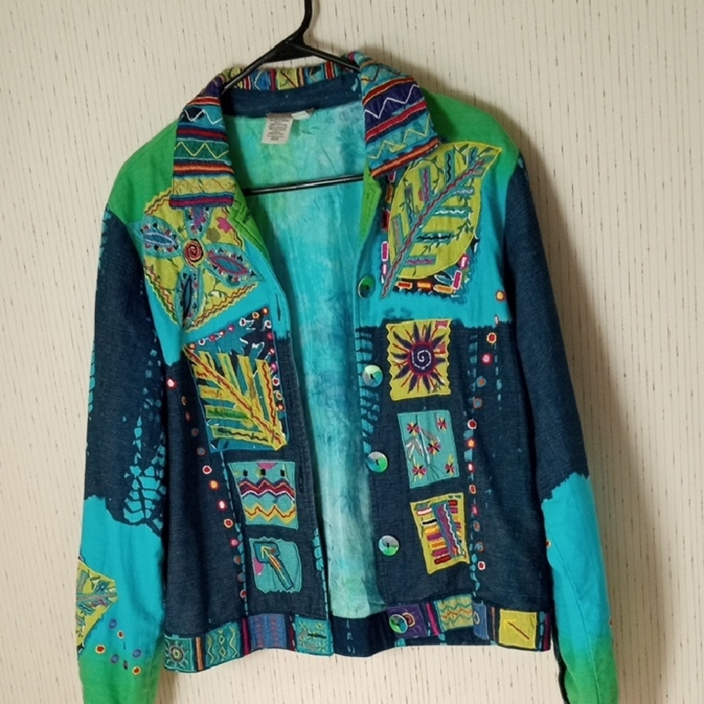 Coldwater Creek Multicolor Artistic Jean Jacket Artsy, Festival, Vacation, Weara